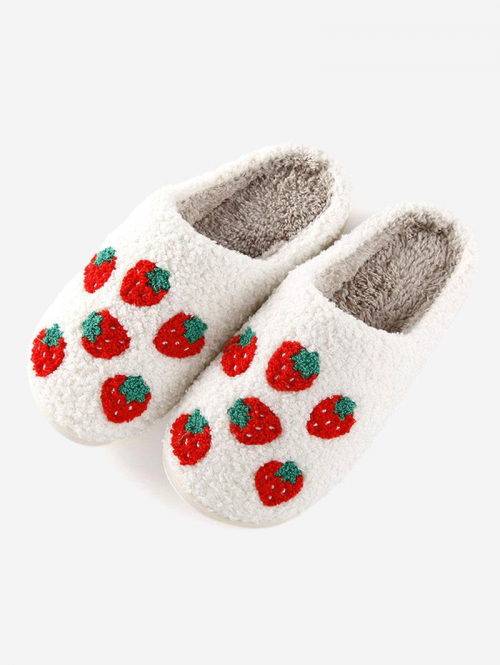 Women Women's Cute Fruit Strawberry Pattern Winter Warm Faux Fur Shearling Backless Close Toe Slippers