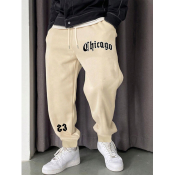 ZAFUL Men's Men's Chicago Letter Printed Fleece-lined Ribbed Beam Feet Drawstring Jogger Pants L Light coffee