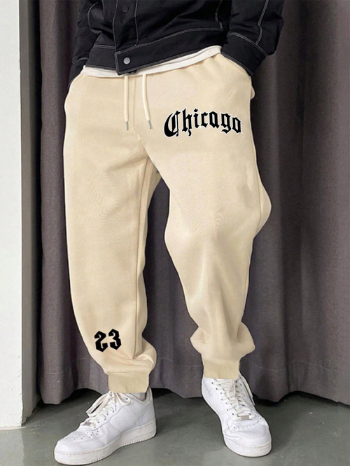 ZAFUL Men's Men's Chicago Letter Printed Fleece-lined Ribbed Beam Feet Drawstring Jogger Pants L Light coffee