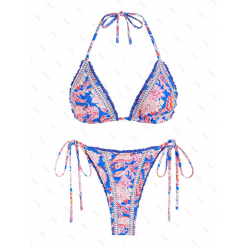 ZAFUL Women's Bohemian Floral Print Crochet Insert Halter Tie Triangle String Bikini Set Matching Two Piece Swimwear M Blue