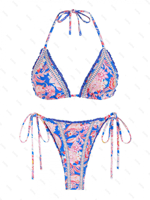 ZAFUL Women's Bohemian Floral Print Crochet Insert Halter Tie Triangle String Bikini Set Matching Two Piece Swimwear M Blue