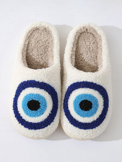 Women Cartoon Eye Pattern Thicken Antiskid Fuzzy Plush Slippers For Men and Women