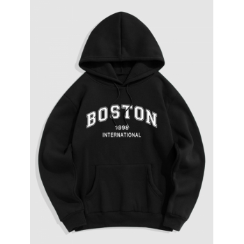 ZAFUL Men's Men's Daily Casual Letter BOSTON Graphic Print Drawstring Front Kangaroo Pocket Thermal Fleece Lined Pullover Hoodie 2xl Black