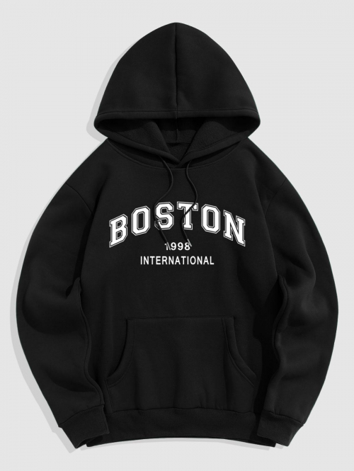 ZAFUL Men's Men's Daily Casual Letter BOSTON Graphic Print Drawstring Front Kangaroo Pocket Thermal Fleece Lined Pullover Hoodie 2xl Black