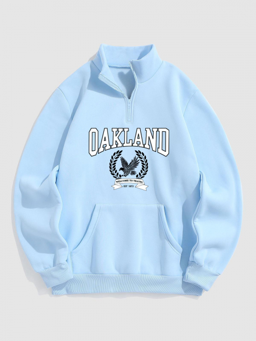 ZAFUL Men's Men's OAKLAND Eagle Printed Quarter Zip Stand Collar Kangaroo Pocket Thermal Fleece-lined Pullover Sweatshirt S Light blue