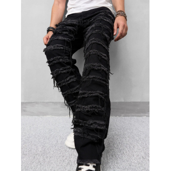 ZAFUL Men's Men's Streetwear Solid Color Ripped Distressed Tassel Frayed Hem Straight Leg Jeans L Dark gray