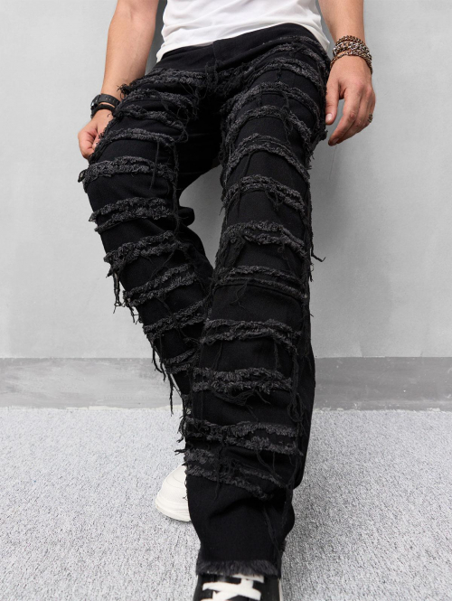 ZAFUL Men's Men's Streetwear Solid Color Ripped Distressed Tassel Frayed Hem Straight Leg Jeans L Dark gray