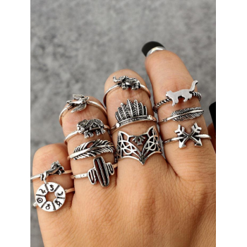 Women's 12Pcs Retro Fox Elephant Animal Leaves Pattern Rings Set