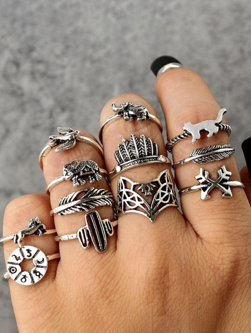 Women's 12Pcs Retro Fox Elephant Animal Leaves Pattern Rings Set