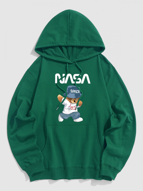 ZAFUL Men's Men's Cartoon SPACE Bear Graphic Pattern Kangaroo Pocket Pullover Hoodie 2xl Deep green