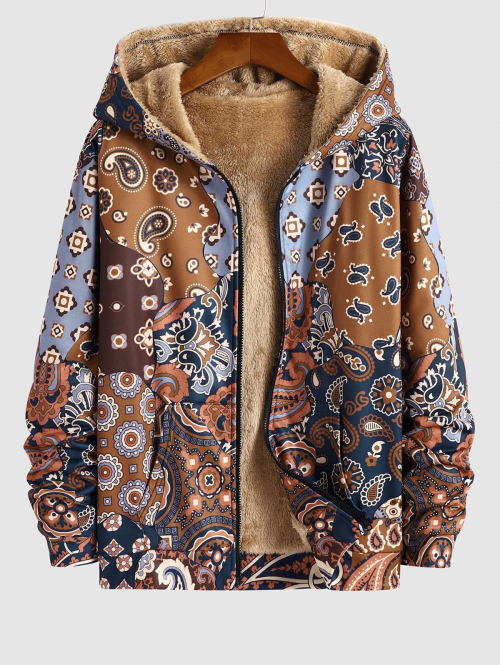 ZAFUL Men's Men's Ethnic Paisley Pattern Fleece-lined Zip Fly Hooded Jacket L Multi a