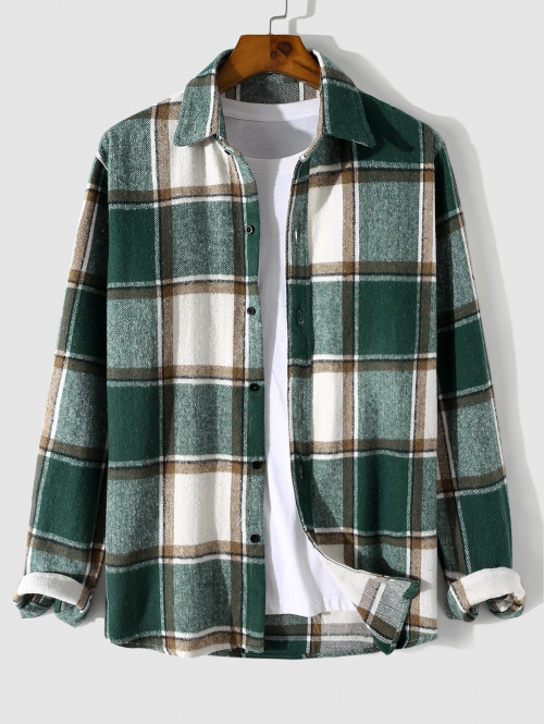 ZAFUL Men's Men's Casual Colorblock Plaid Pattern Flannel Button Front Long Sleeves Shacket 2xl Deep green