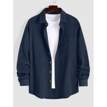 ZAFUL Men's Men's Plain Color Front Pocket Design Button Down Long Sleeves Corduroy Shirt L Deep blue