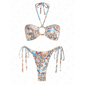 ZAFUL Women's Sexy Matching Two Piece Swimwear Ethnic Paisley Floral Print Halter Tie O Ring Tie Side Thong Bikini Set M Multi a