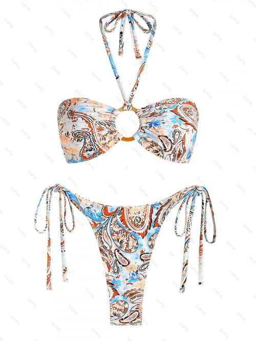 ZAFUL Women's Sexy Matching Two Piece Swimwear Ethnic Paisley Floral Print Halter Tie O Ring Tie Side Thong Bikini Set M Multi a