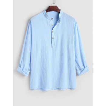 ZAFUL Men's Men's Simple Style Plain Color Half Button Stand Collar Cotton and Linen Long Sleeves Pullover Shirt L Light blue