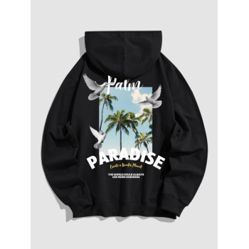 ZAFUL Men's Men's PARADISE Letter Coconut Tree Graphic Pattern Kangaroo Pocket Pullover Hoodie L Black