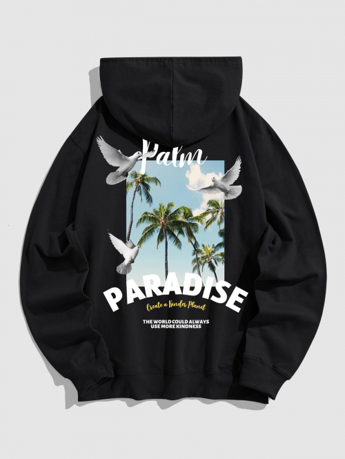 ZAFUL Men's Men's PARADISE Letter Coconut Tree Graphic Pattern Kangaroo Pocket Pullover Hoodie L Black