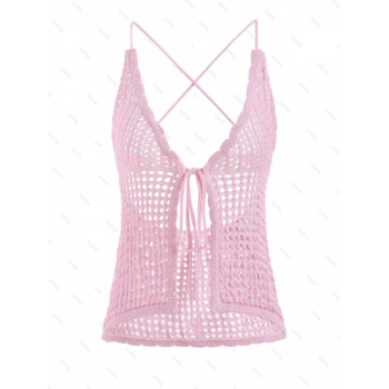 Women Beach Women's Sexy Cover Up Solid Color Criss Cross Open Back Tie Front Crochet Open Knit Beach Tank Top L Light pink