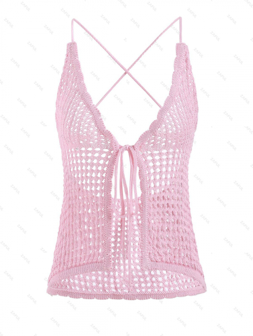 Women Beach Women's Sexy Cover Up Solid Color Criss Cross Open Back Tie Front Crochet Open Knit Beach Tank Top L Light pink