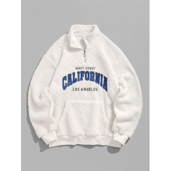 ZAFUL Men's ZAFUL Men's Daily Mock Neck Front Pocket Letter CALIFORNIA LOS ANGELES Embroidered Quarter Zip Fluffy Fuzzy Textured Sherpa Fleece Pullove