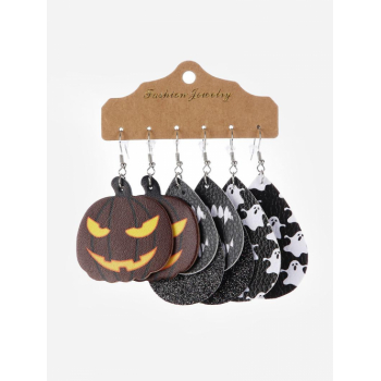 Cute Earrings Women's 3Pcs Halloween Pumpkin Pattern Ghost Evil Smile Print Waterdrop PU Hook Earrings By ZAFUL