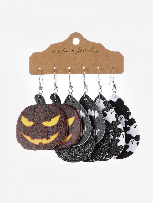 Cute Earrings Women's 3Pcs Halloween Pumpkin Pattern Ghost Evil Smile Print Waterdrop PU Hook Earrings By ZAFUL