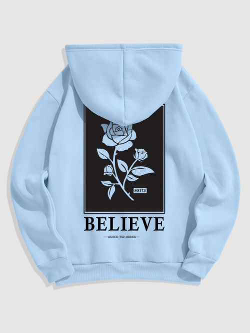 ZAFUL Men's Men's BELIEVE Rose Pattern Thermal Fleece-lined Kangaroo Pocket Pullover Hoodie 2xl Light blue