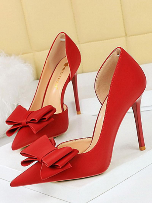 Women Women's Cute Party Prom Pointed Toe Bowknot Decorated Stiletto Heel Solid Color Slip On Pumps