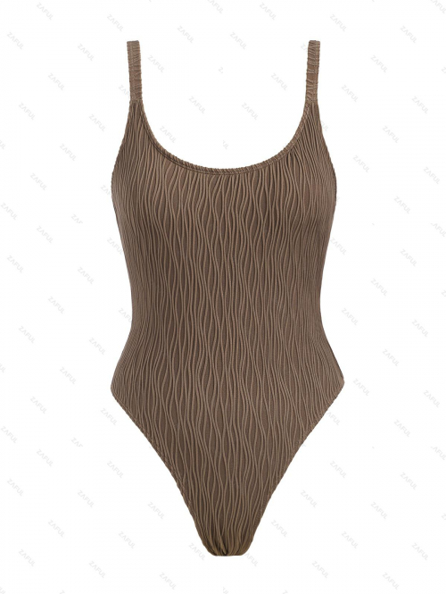 ZAFUL Women's Solid Color Open Back Wave Textured One-piece Swimsuit L Deep coffee