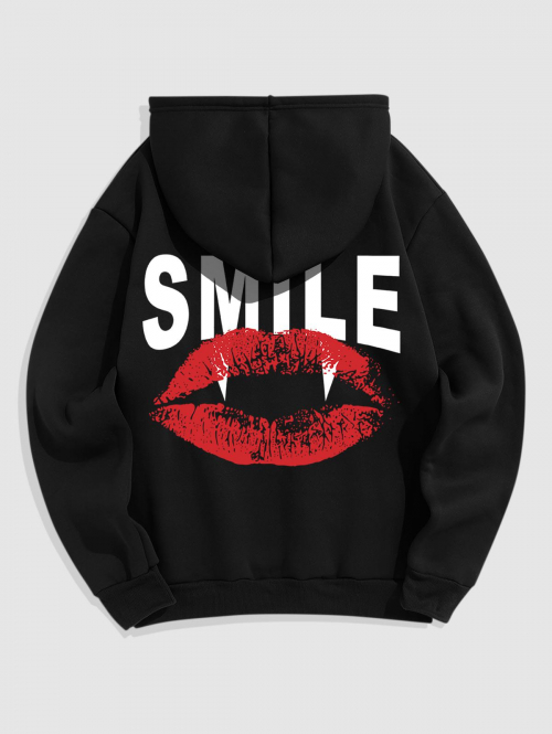 ZAFUL Men's Men's Halloween SMILE Red Lip Teeth Graphic Pattern Fleece-lined Kangaroo Pocket Pullover Hoodie S Black