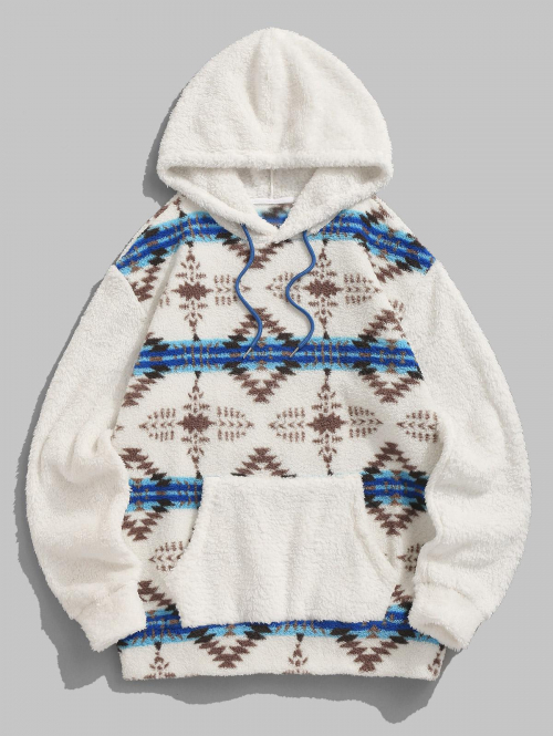 ZAFUL Men's ZAFUL Men's Casual Vintage Ethnic Aztec Print Colorblock Kangaroo Pocket Faux Fur Fluffy Teddy Hoodie M Blue