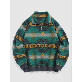 ZAFUL Men's ZAFUL Men's Daily Ethnic Aztec Jacquard Half Zip Turn Down Collar Contrast Trim Pullover Sweatshirt L Green