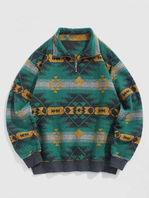 ZAFUL Men's ZAFUL Men's Daily Ethnic Aztec Jacquard Half Zip Turn Down Collar Contrast Trim Pullover Sweatshirt L Green