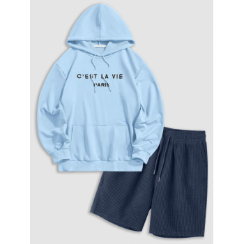 ZAFUL Men's Men's Casual Mix and Match Two Piece Outfits Letter C'EST LA VIE PARIS Embroidery Essentials Hoodie and Corduroy Drawstring Shorts Set Blu