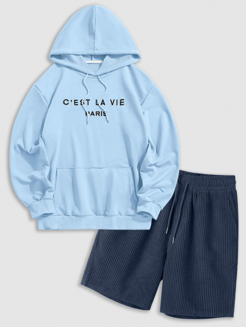 ZAFUL Men's Men's Casual Mix and Match Two Piece Outfits Letter C'EST LA VIE PARIS Embroidery Essentials Hoodie and Corduroy Drawstring Shorts Set Blu