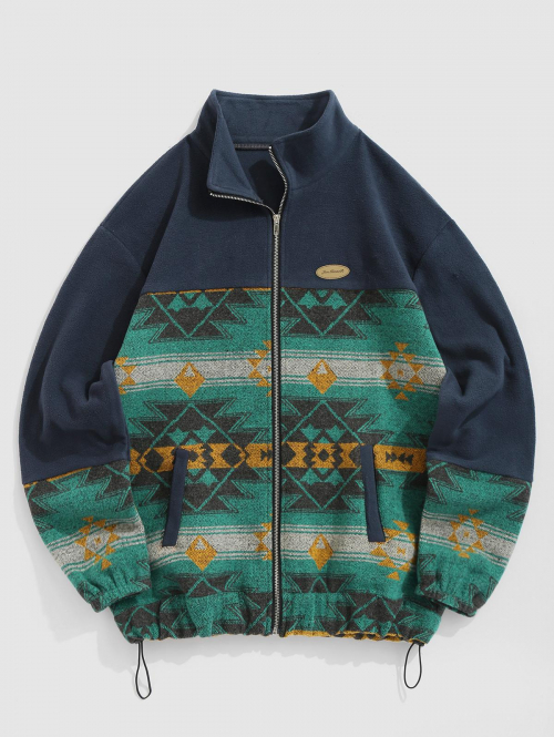 ZAFUL Men's ZAFUL Men's Ethnic Aztec Printed Slant Pocket Zip Fly Stand Collar Fuzzy Polar Fleece Jacket L Deep green