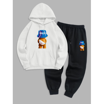 ZAFUL Men's Men's Cartoon Bear SPACE Graphic Pattern Thermal Fleece-lined Kangaroo Pocket Pullover Hoodie and Drawstring Jogger Pants Sports Set L Whi