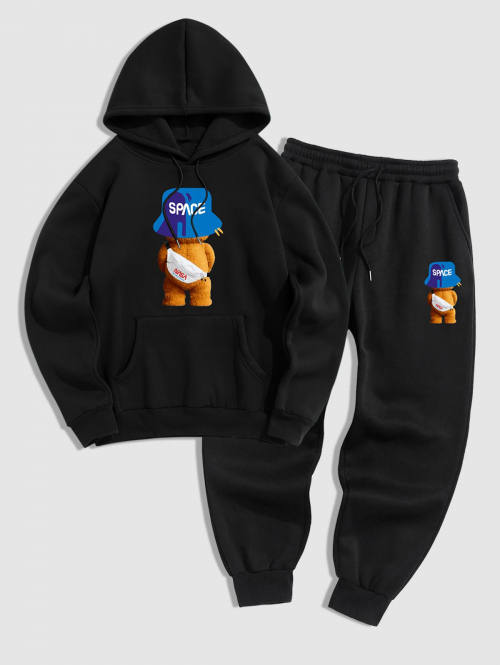 ZAFUL Men's Men's Cartoon Bear SPACE Graphic Pattern Thermal Fleece-lined Kangaroo Pocket Pullover Hoodie and Drawstring Jogger Pants Sports Set L Bla