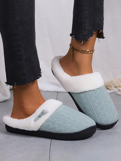 Women Unisex Couple Faux Fur Horn Button Decorated Knitted Closed Toe Open Back Winter Warm Slippers for Men and Women