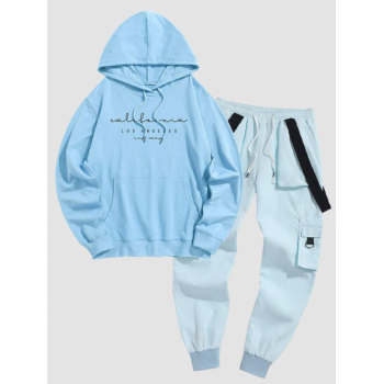 ZAFUL Men's Men's California LOS ANGELES Printed Kangaroo Pocket Pullover Hoodie and Strap Design Beam Feet Cargo Pants Set Light blue