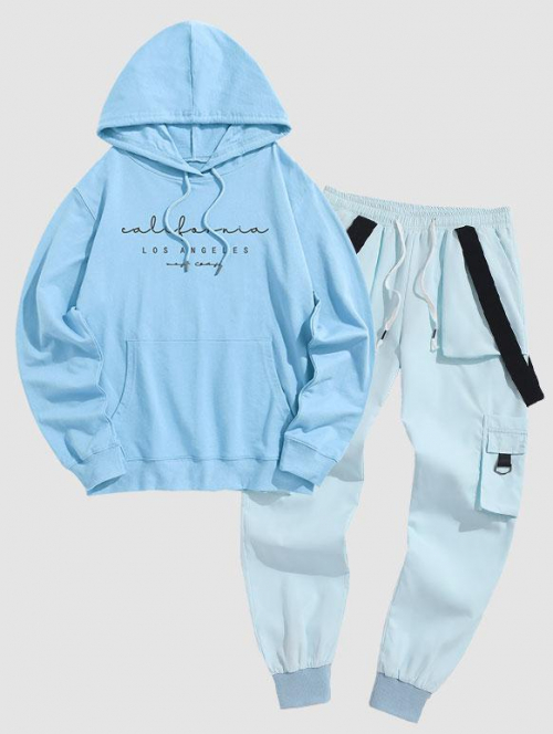 ZAFUL Men's Men's California LOS ANGELES Printed Kangaroo Pocket Pullover Hoodie and Strap Design Beam Feet Cargo Pants Set Light blue