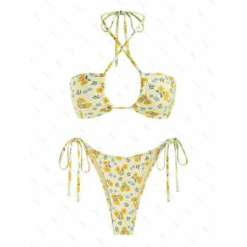 ZAFUL Women's Sexy Ditsy Floral Criss Cross Halter Tie Side String Bikini Set Matching Two Piece Swimwear S Light yellow