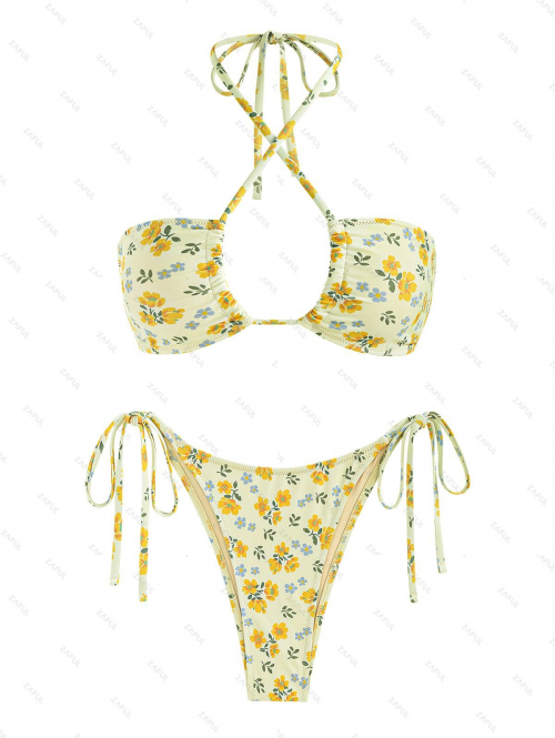 ZAFUL Women's Sexy Ditsy Floral Criss Cross Halter Tie Side String Bikini Set Matching Two Piece Swimwear S Light yellow