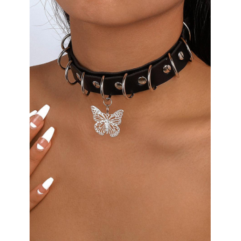 O Ring Butterfly Pendant PU Choker Necklace For Women