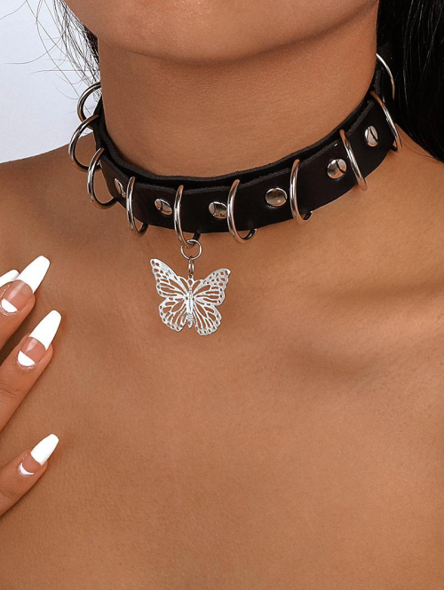 O Ring Butterfly Pendant PU Choker Necklace For Women