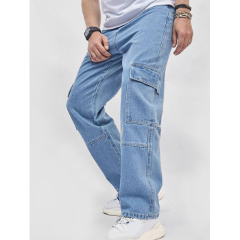 ZAFUL Men's Men's Daily Streetwear Light Wash Multi-pocket Loose Straight Leg Cargo Jeans 32 Light blue