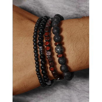 4Pcs Couple Black Gallstone Natural Stone Metal Decor Wood Beading Elastic Bracelets for Men and Women