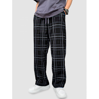 ZAFUL Men's Men's Plaid Striped Printed Straight Leg Drawstring Casual Pants L Black