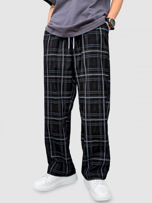 ZAFUL Men's Men's Plaid Striped Printed Straight Leg Drawstring Casual Pants L Black